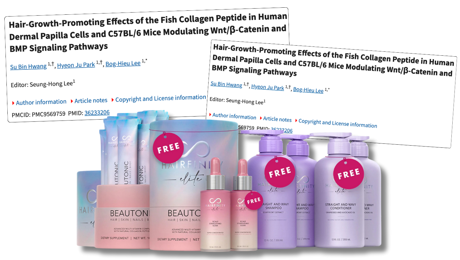 Product packaging for hair care products with 'Free' tags, overlaying scientific article excerpts.