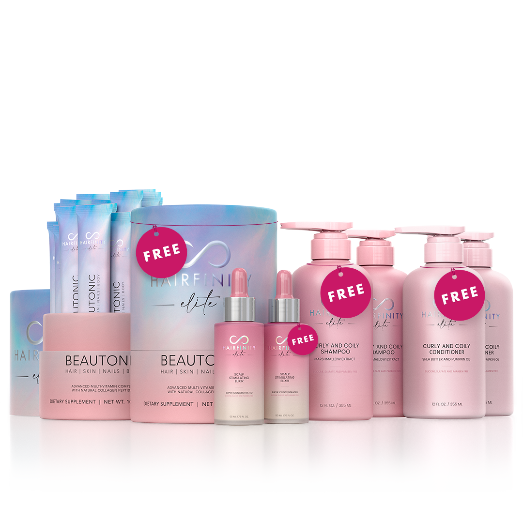 Assorted Hairfinity products with pink 'Free' tags, including shampoos and dietary supplements.