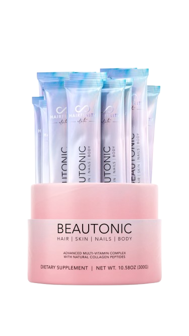 Pink container with sachets labeled 'Beautonic' dietary supplement.