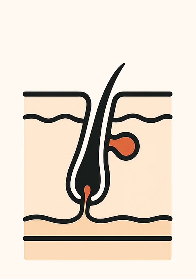 Illustration of a hair follicle and skin cross-section.