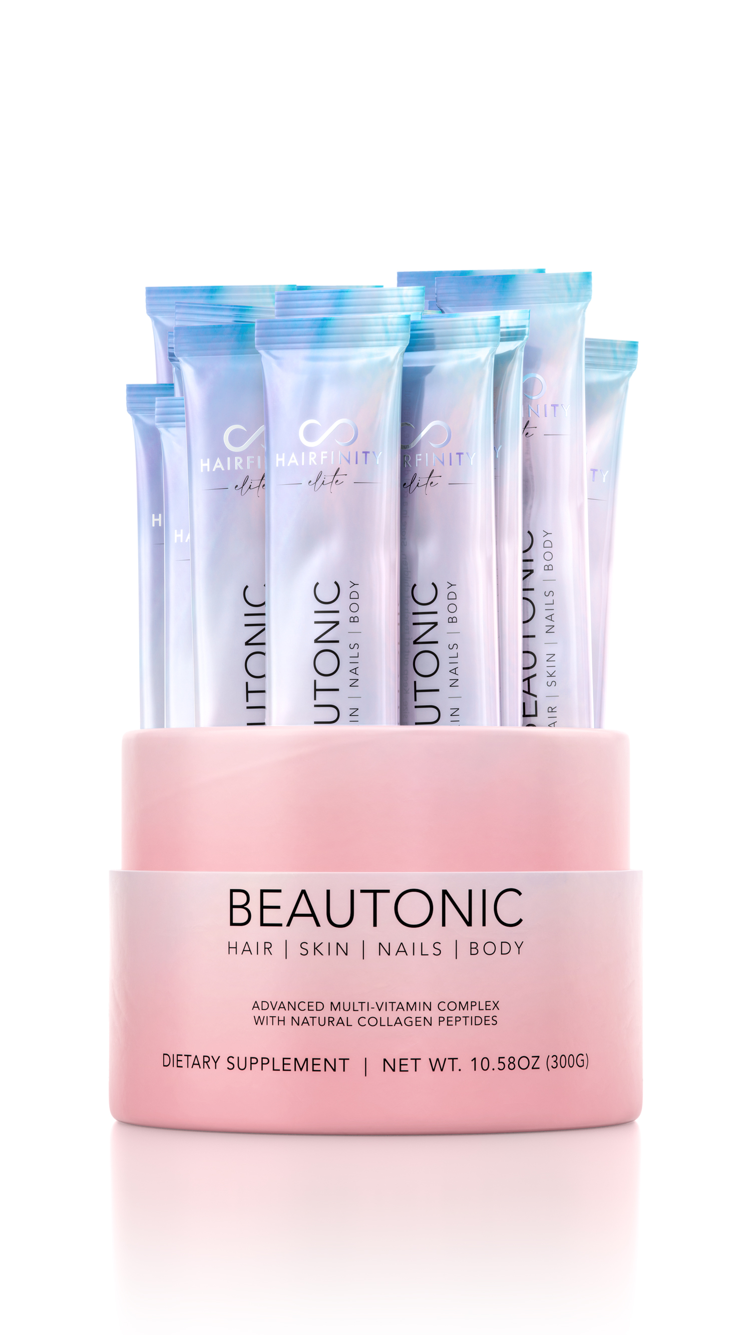 Pink tub of Beautonic dietary supplements with sachets inside.