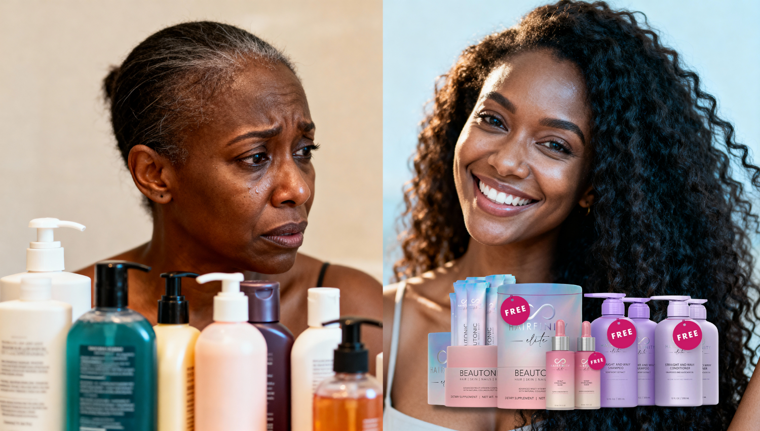 Two women with hairstyles, various beauty products in front.