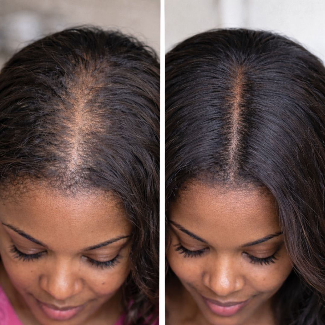 A before-and-after image showing a woman's hair part, with thinning on the left and fuller hair on the right.