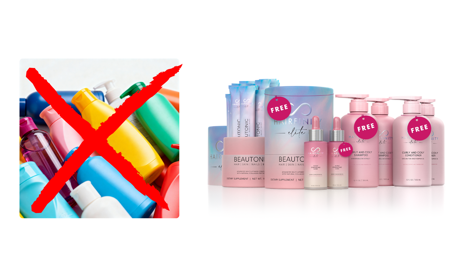 Colorful bottles crossed out; pink and blue hair products with 'FREE' tags.