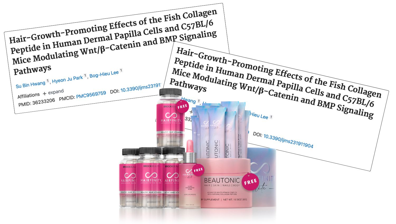 Image of hair growth product packaging with research article excerpts in the background.