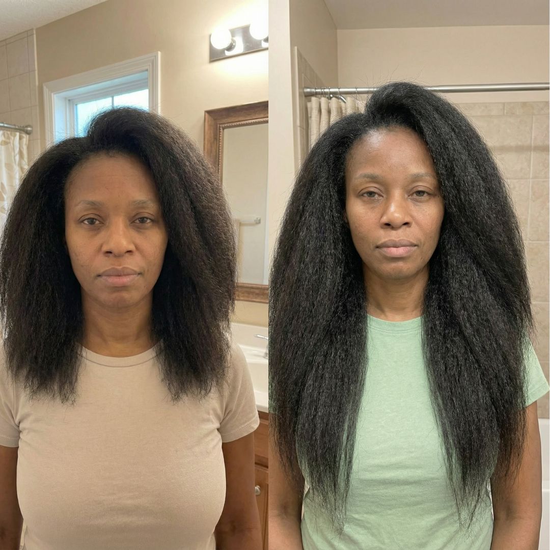 A before-and-after image of a woman with kinky-textured hair, showing a significant increase in length.