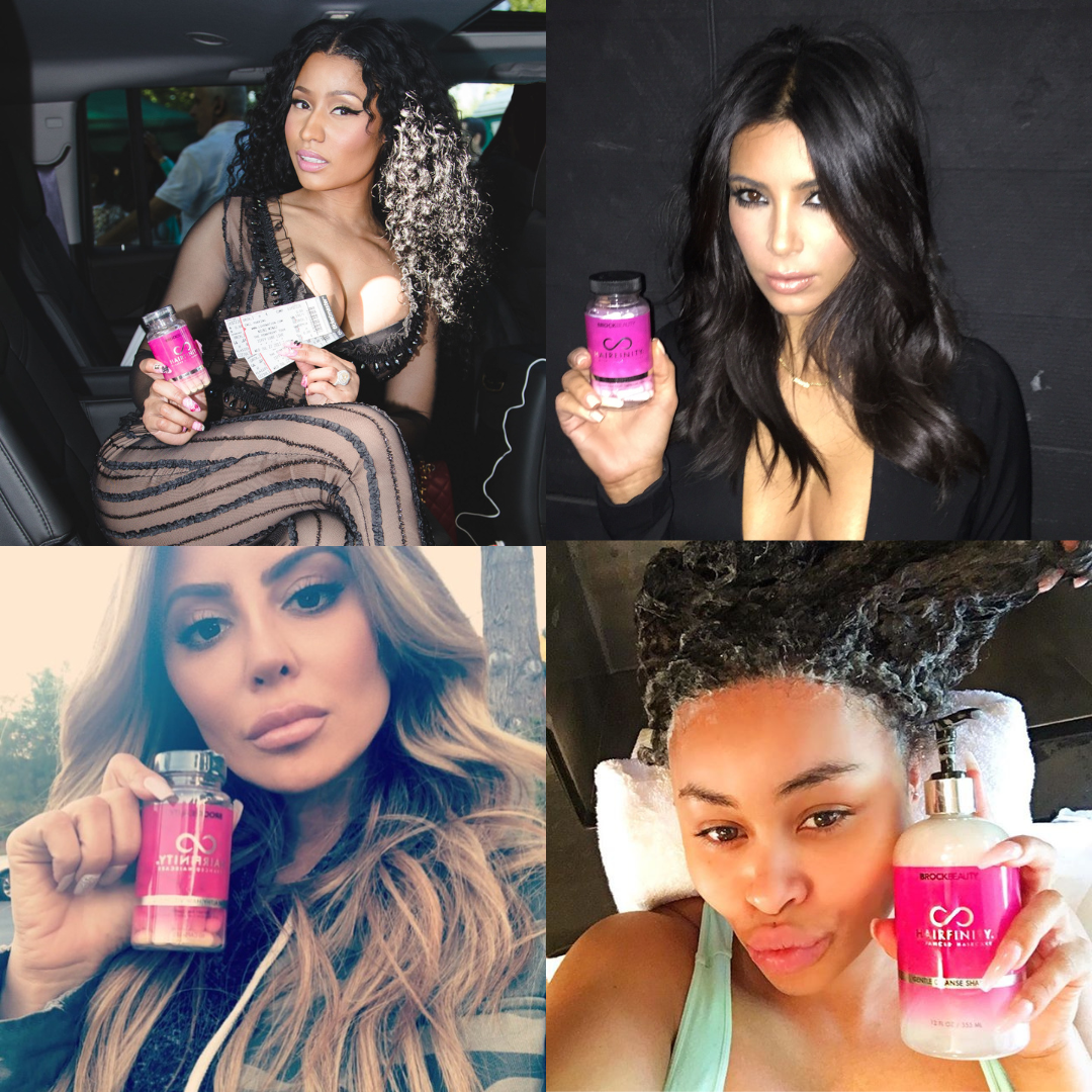 Four people holding hair-related products in various settings.
