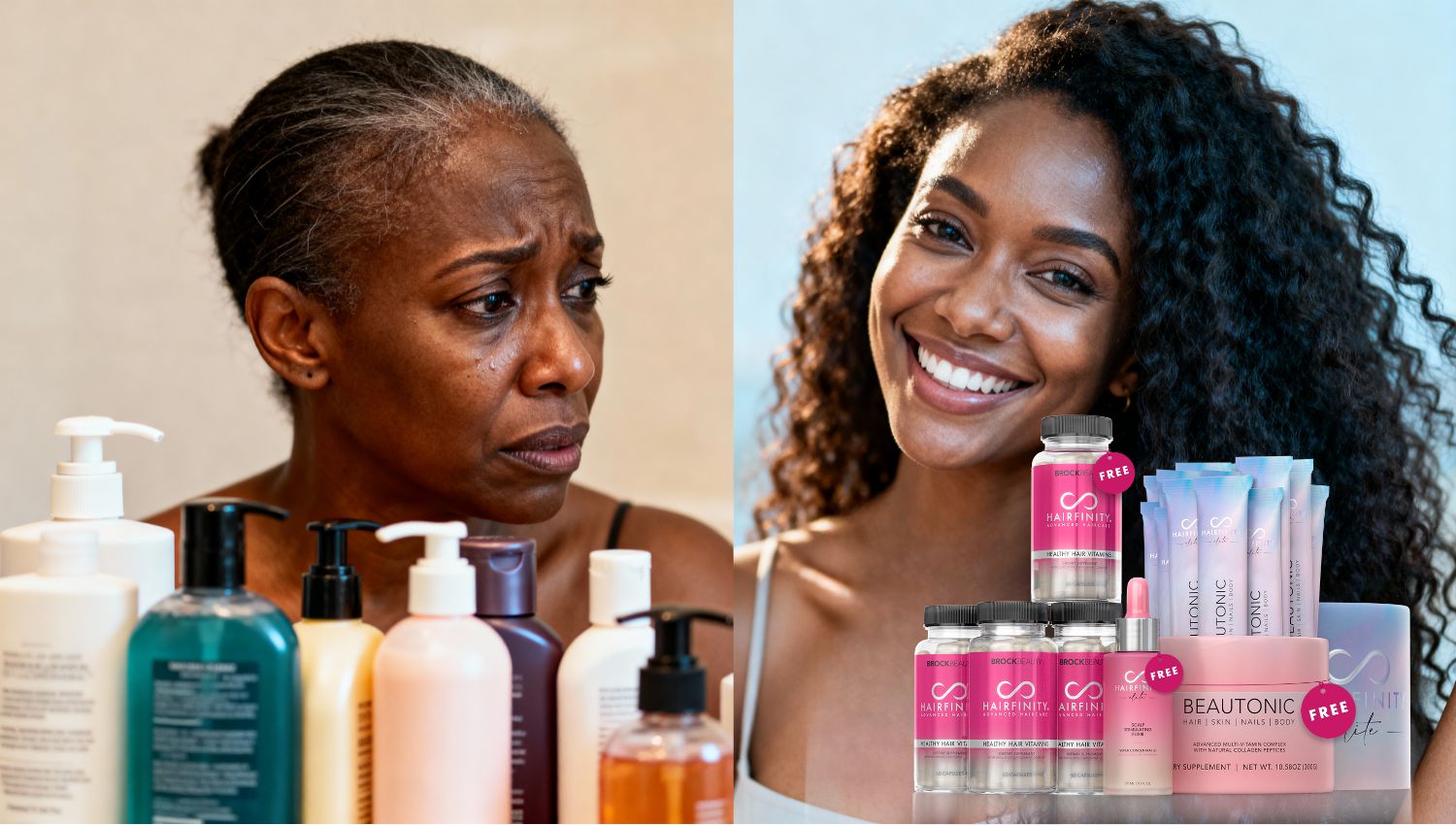 Two women with hair products, one concerned and one smiling with supplements.