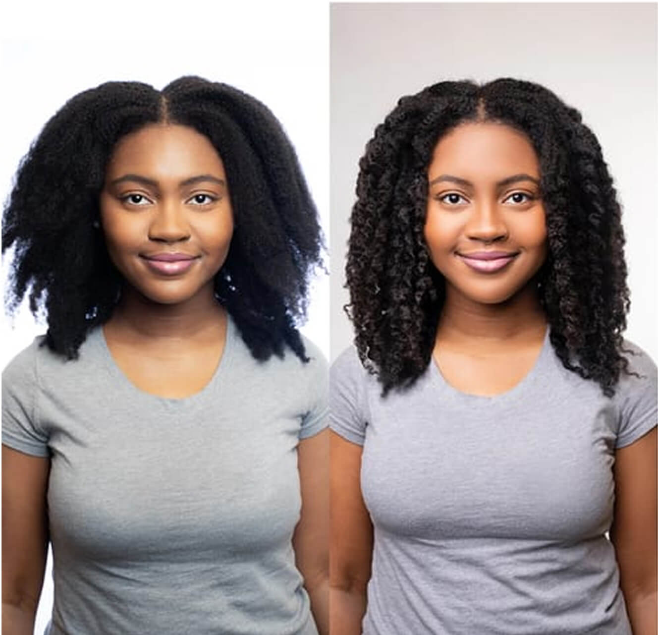 Side-by-side comparison of a woman with different hairstyles.