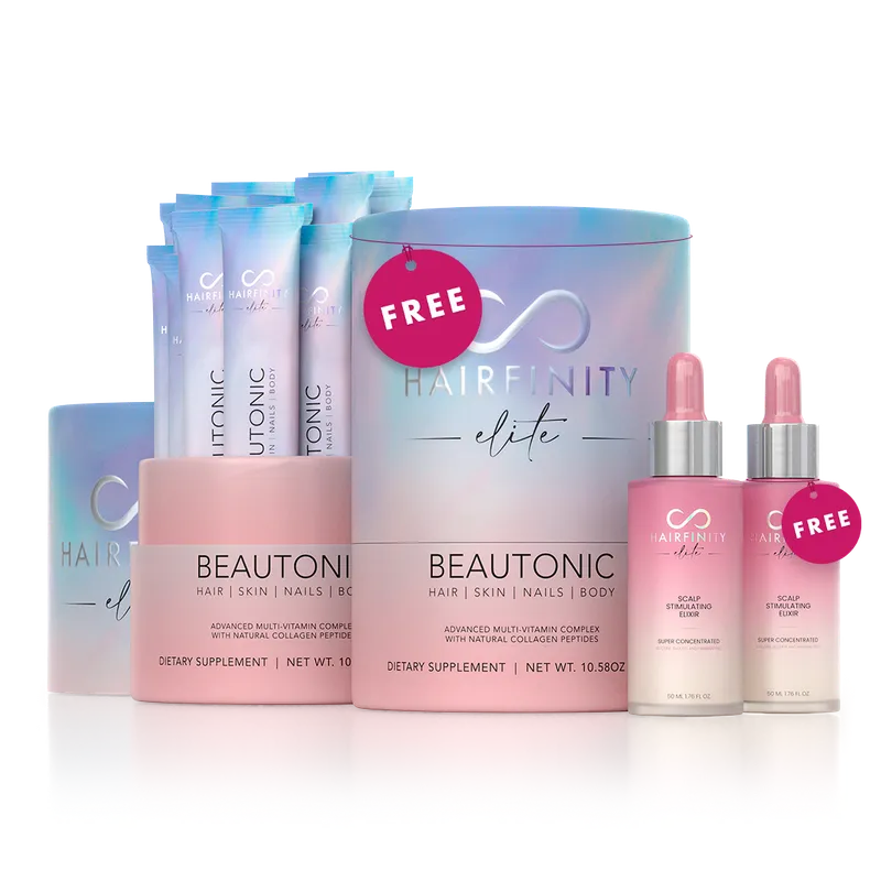Hairfinity Beautonic and scalp products with 'Free' tags on a white background.
