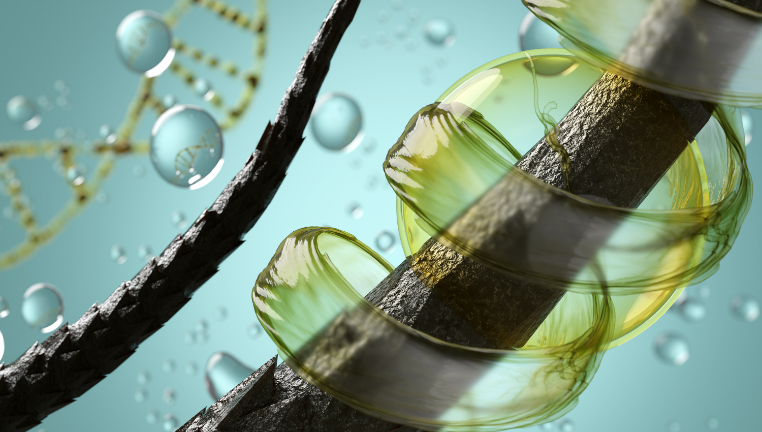 Close-up of hair with DNA strands and bubbles in the background.