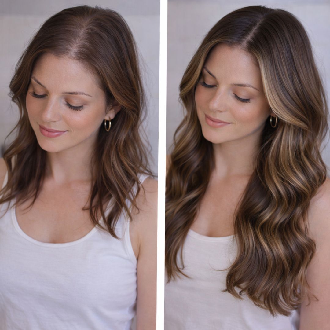 A side-by-side comparison showing a woman's hair before and after adding volume and highlights.
