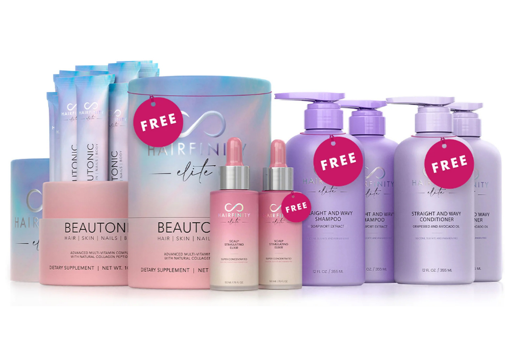 Various Hairfinity hair care and supplement products with 'Free' tags.