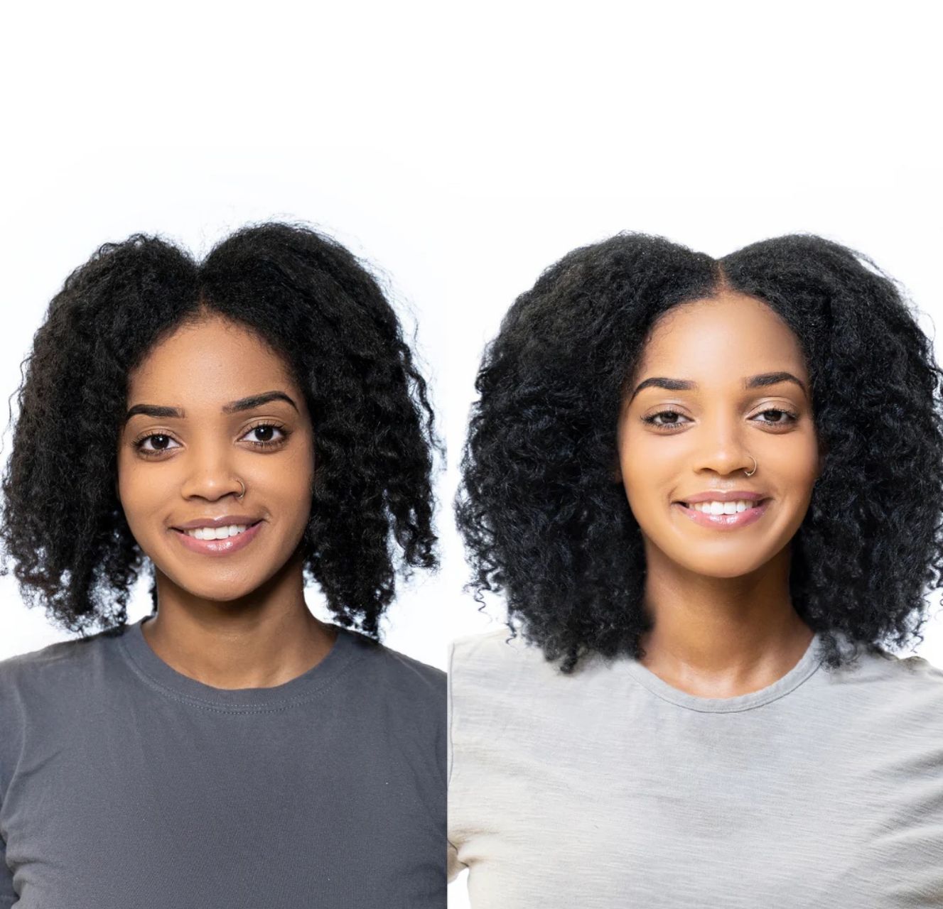 Two side-by-side portraits of a smiling person with curly hair, wearing different shirts.