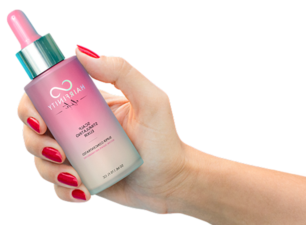 Hand holding a pink bottle with a dropper and red nails.