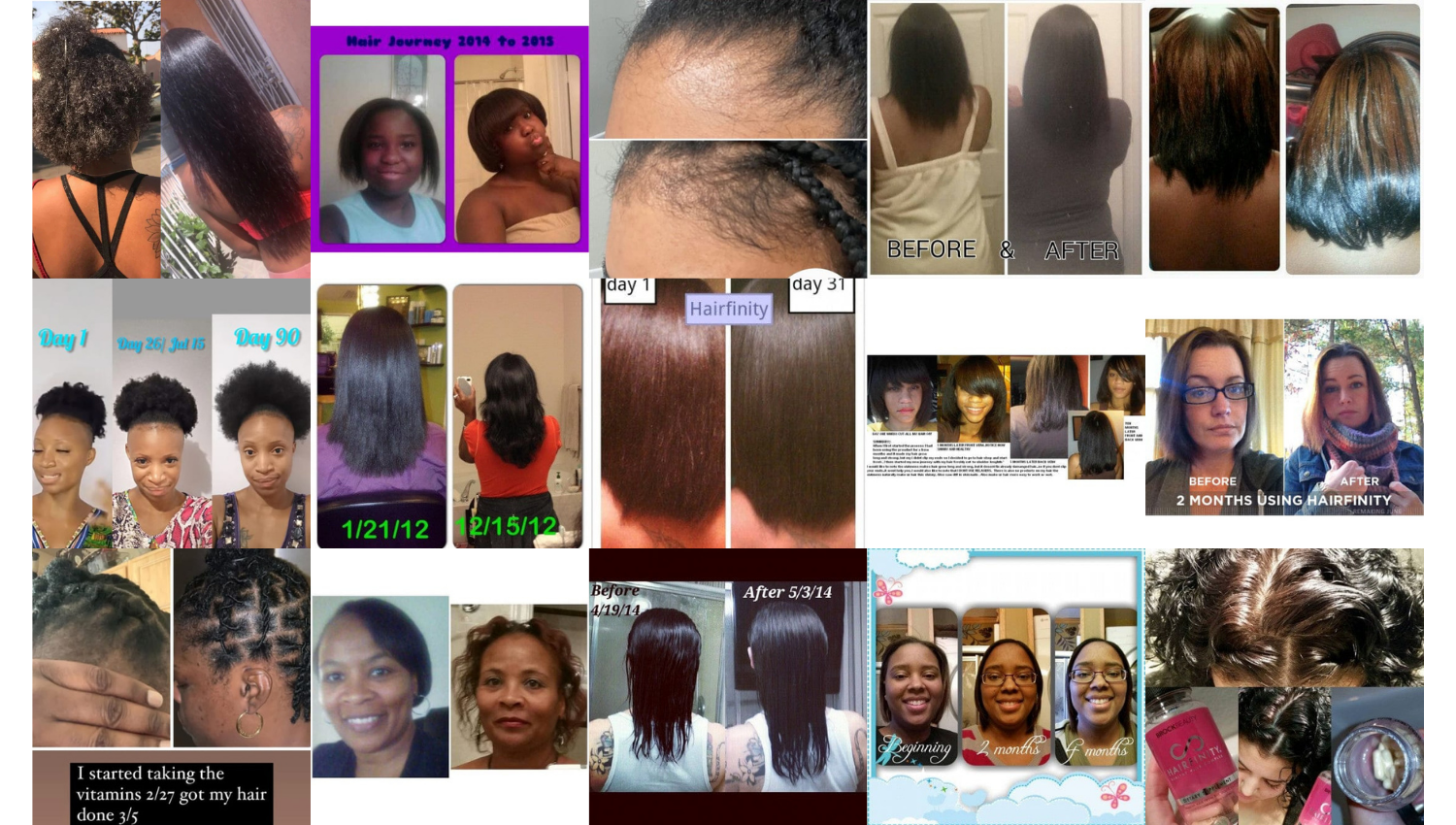 Collage of various hair transformation journeys and product uses.