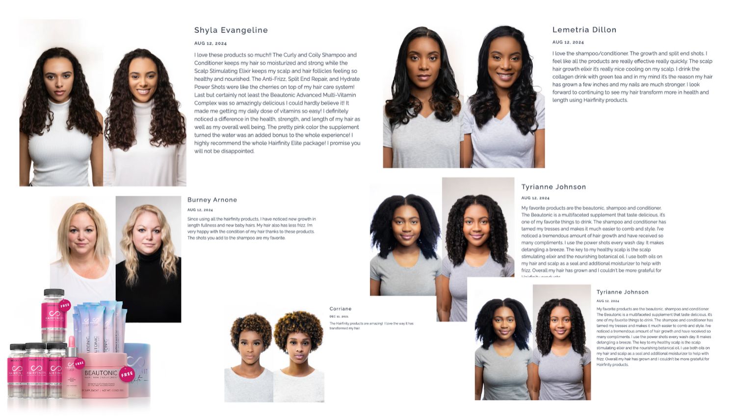 Before-and-after hair treatment photos with product descriptions and reviews.