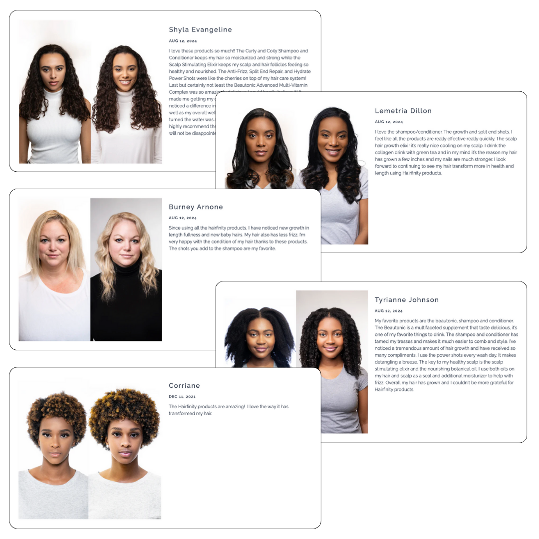 Five side-by-side before-and-after hair styling images with text descriptions.