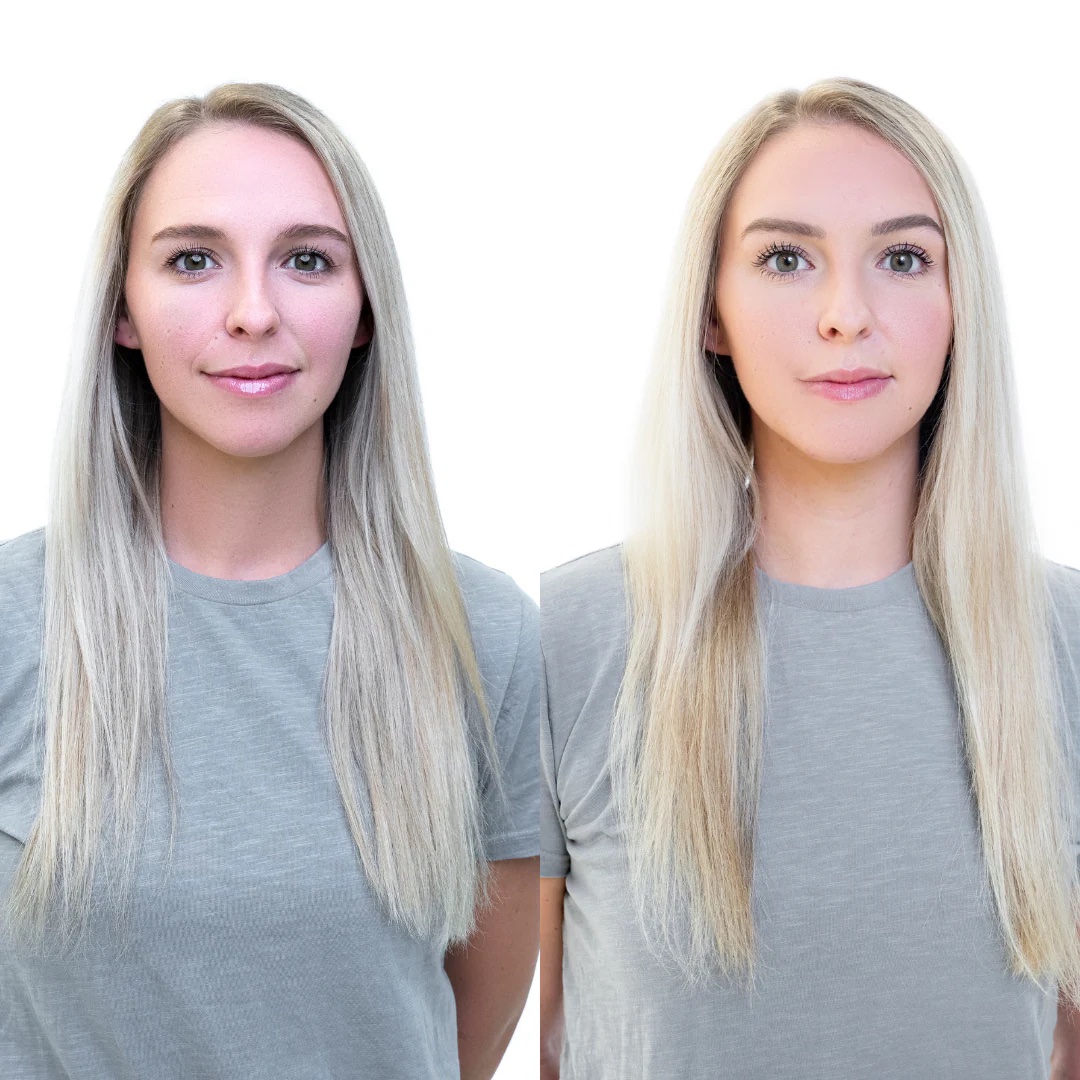 Two images of a person with long blonde hair wearing a grey shirt.
