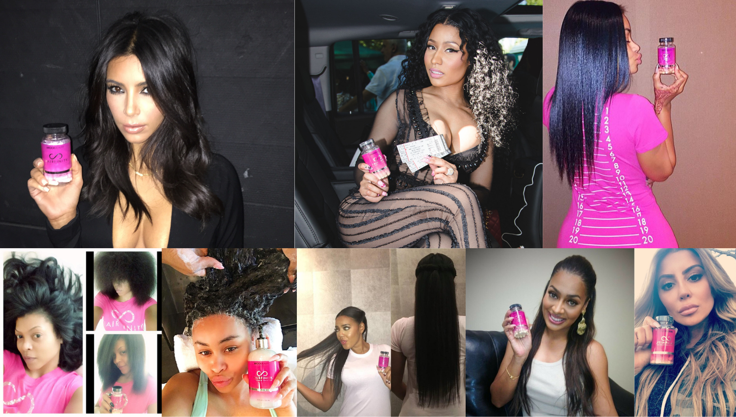 Collage of people holding pink hair supplement bottles.