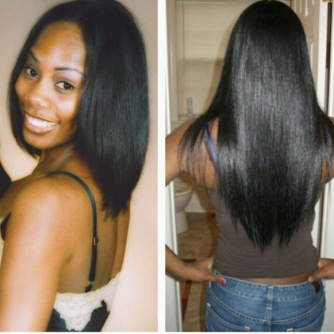 Two images showing a woman with shoulder-length and long straight black hair.