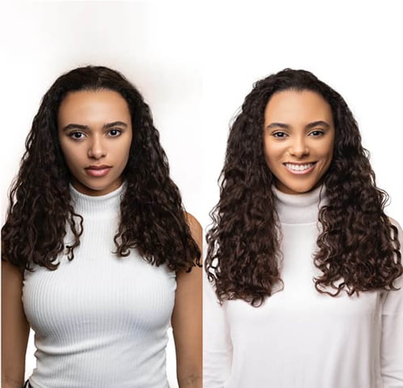 Two side-by-side portraits of a woman with curly hair, one serious and one smiling.