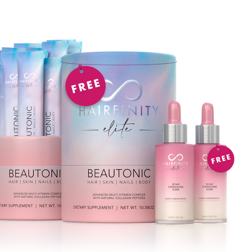 Hairfinity beauty products including supplements and scalp elixir in pastel packaging.