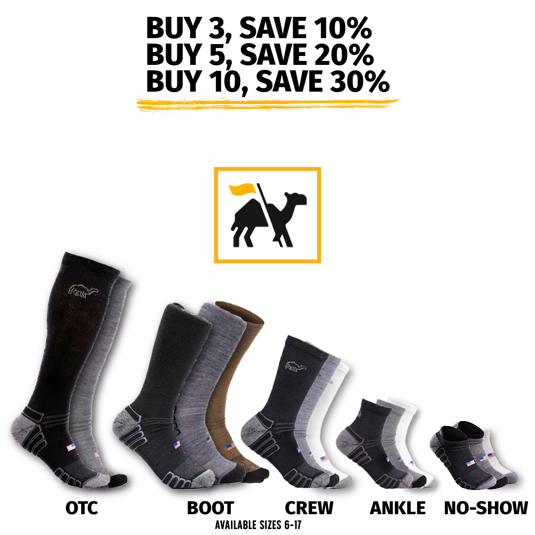 Various styles of socks with a camel logo and discount information.