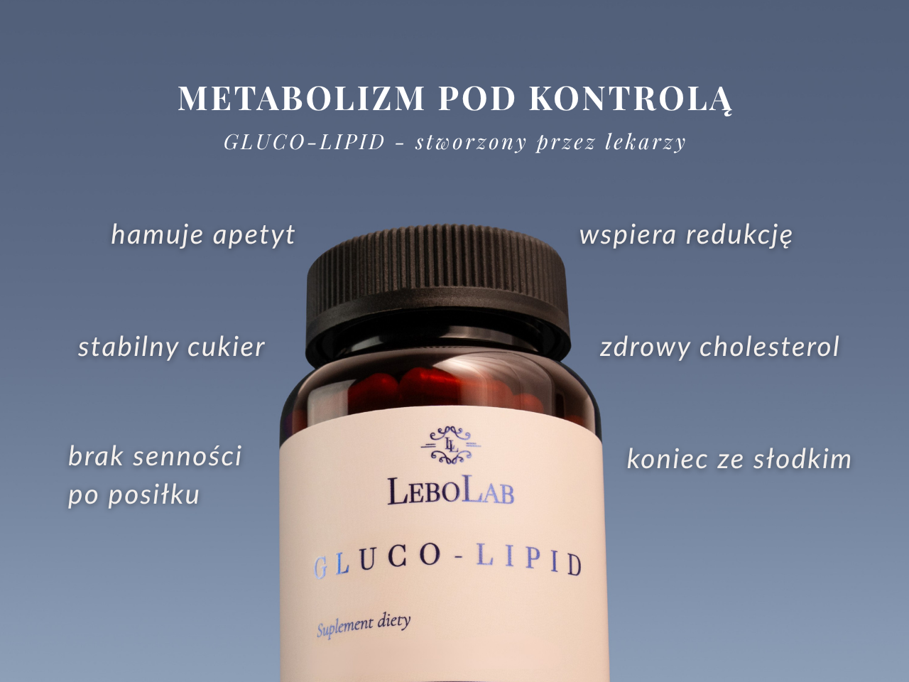 A close-up of a bottle of LeboLab Gluco-Lipid dietary supplement with descriptive text in Polish.