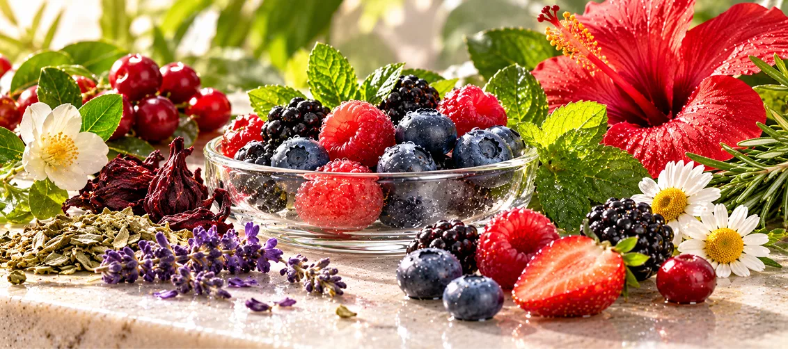 A bowl of fresh berries surrounded by cherries, flowers, and herbs like mint and lavender.