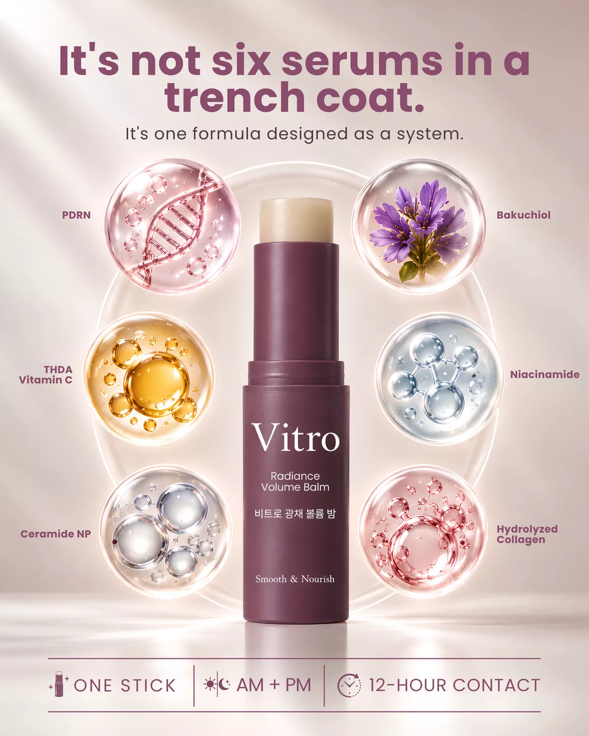 An advertisement for Vitro Radiance Volume Balm showing the product stick surrounded by six circles representing its ingredients.