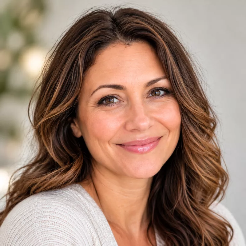 A headshot of a smiling woman with long, wavy brown hair, wearing a light-colored sweater.