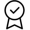 A black line icon of an award ribbon with a circle on top containing a checkmark.