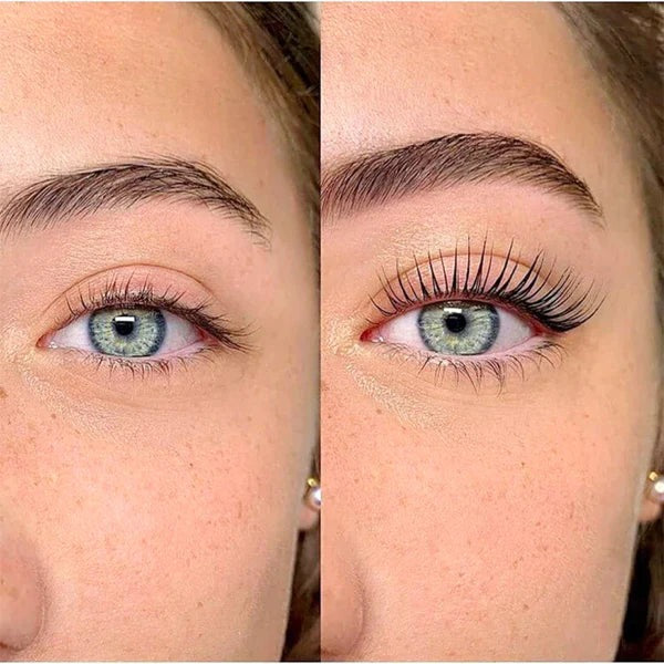 Close-up of two eyes, one with natural lashes, the other with mascara.