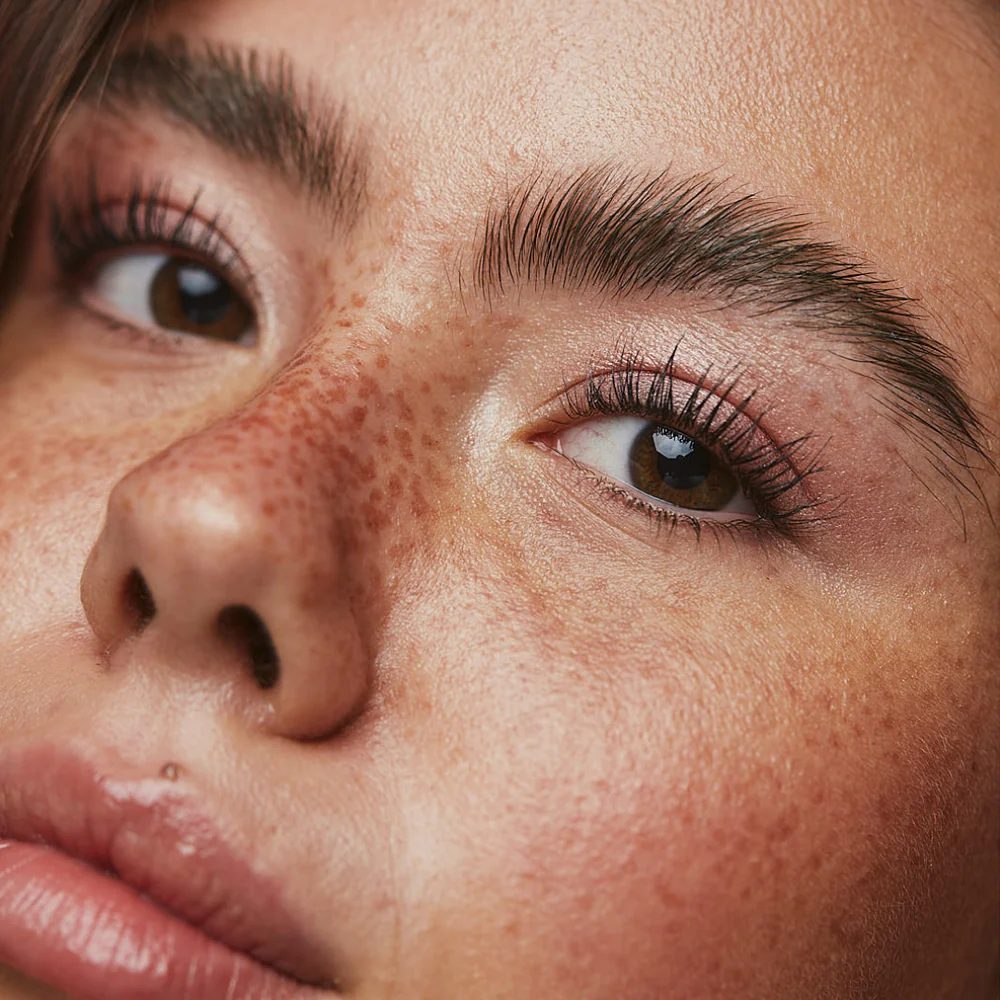 Close-up of a person's face with freckles and natural makeup.