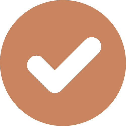 White checkmark inside a brown circle.