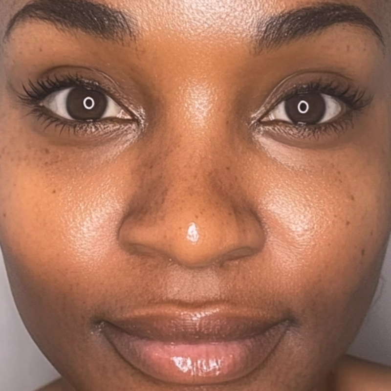 Close-up of a person's face with clear skin and visible freckles.