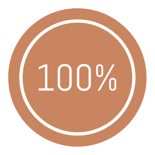 Brown circle with '100%' in white text at the center.