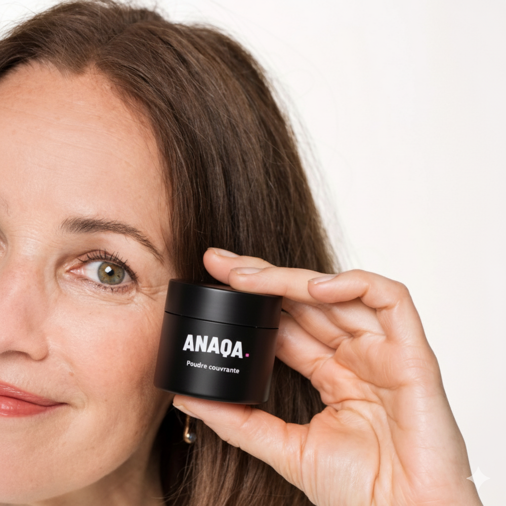 Person holding a black jar labeled 'ANAQA Poudre couvrante' near their face.