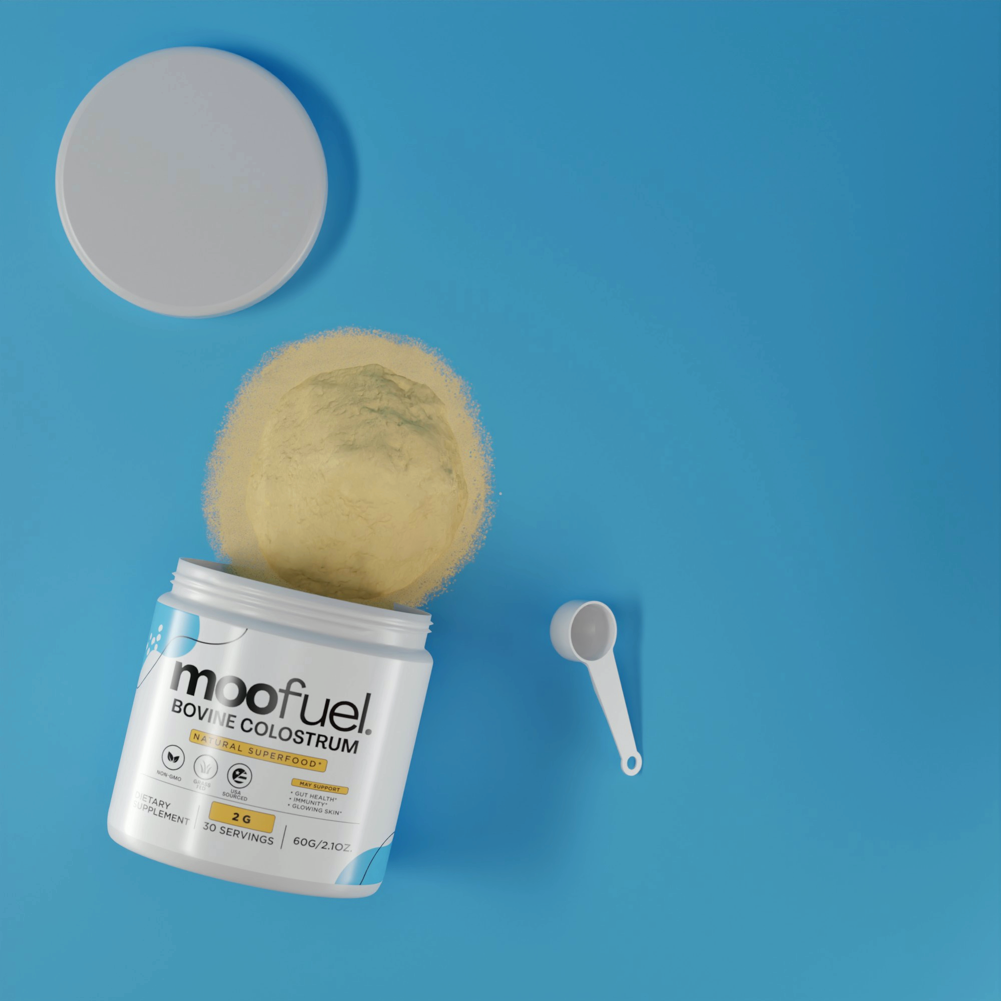 Open container of bovine colostrum powder with a scoop on a blue background.