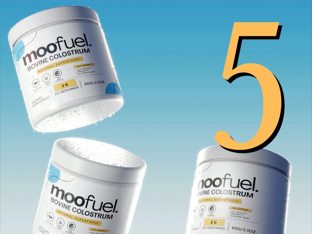 Three containers of moofuel bovine colostrum against a blue sky background, with a large number five.