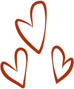 Three hand-drawn red hearts with a brushstroke texture on a solid green background.