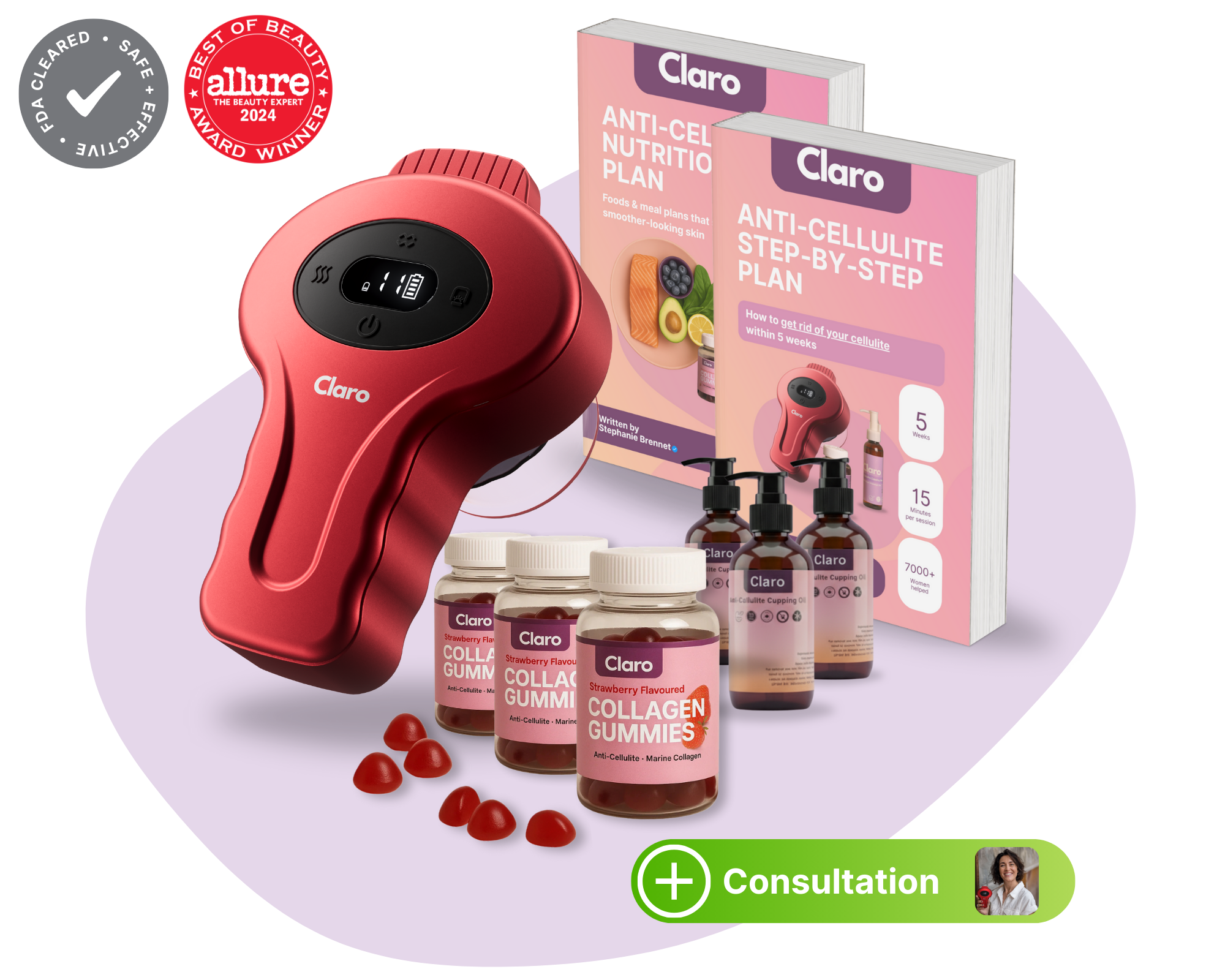 A collection of Claro anti-cellulite products including a red device, gummies, oils, and plan books.