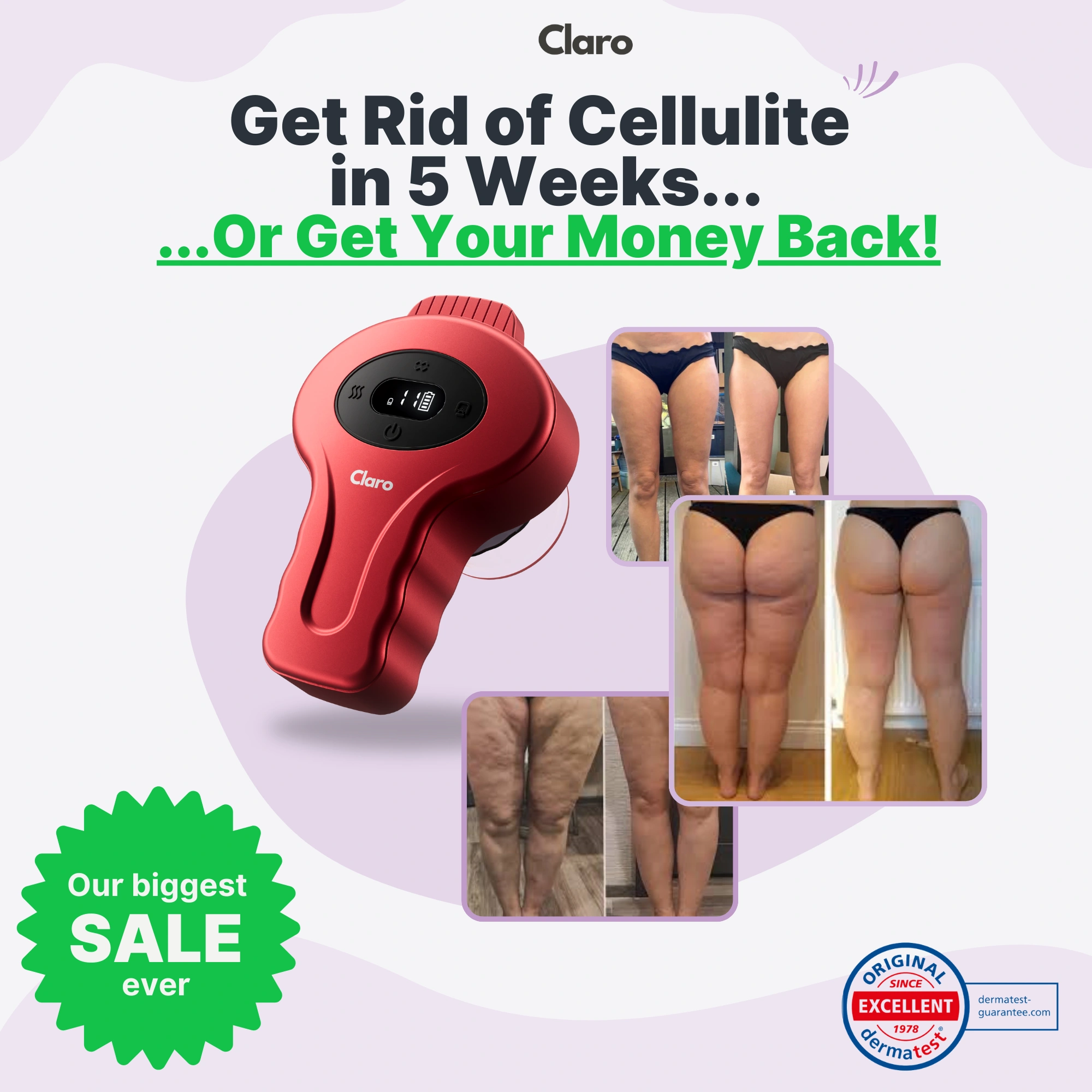 Red cellulite massager with before and after leg images, promotional text, and sale badge.