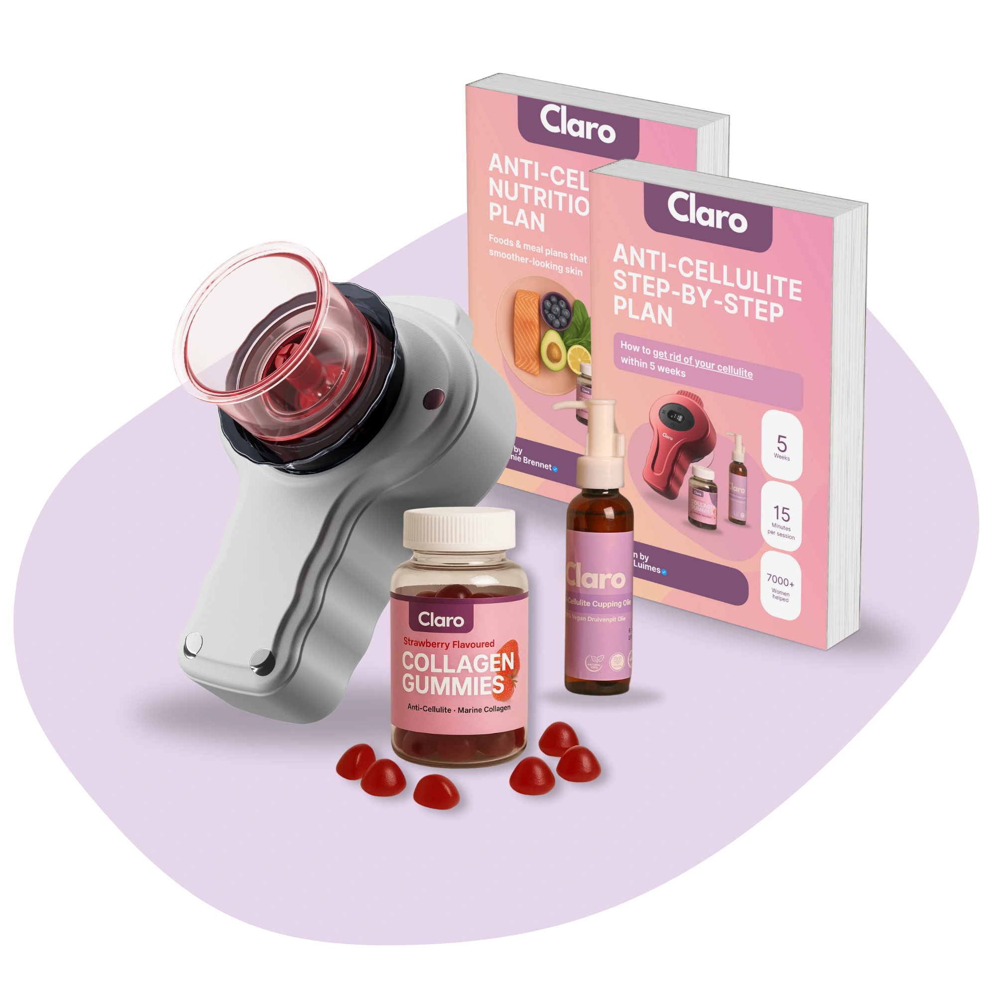 Anti-cellulite bundle with device, gummies, oil, and two books on a purple background.