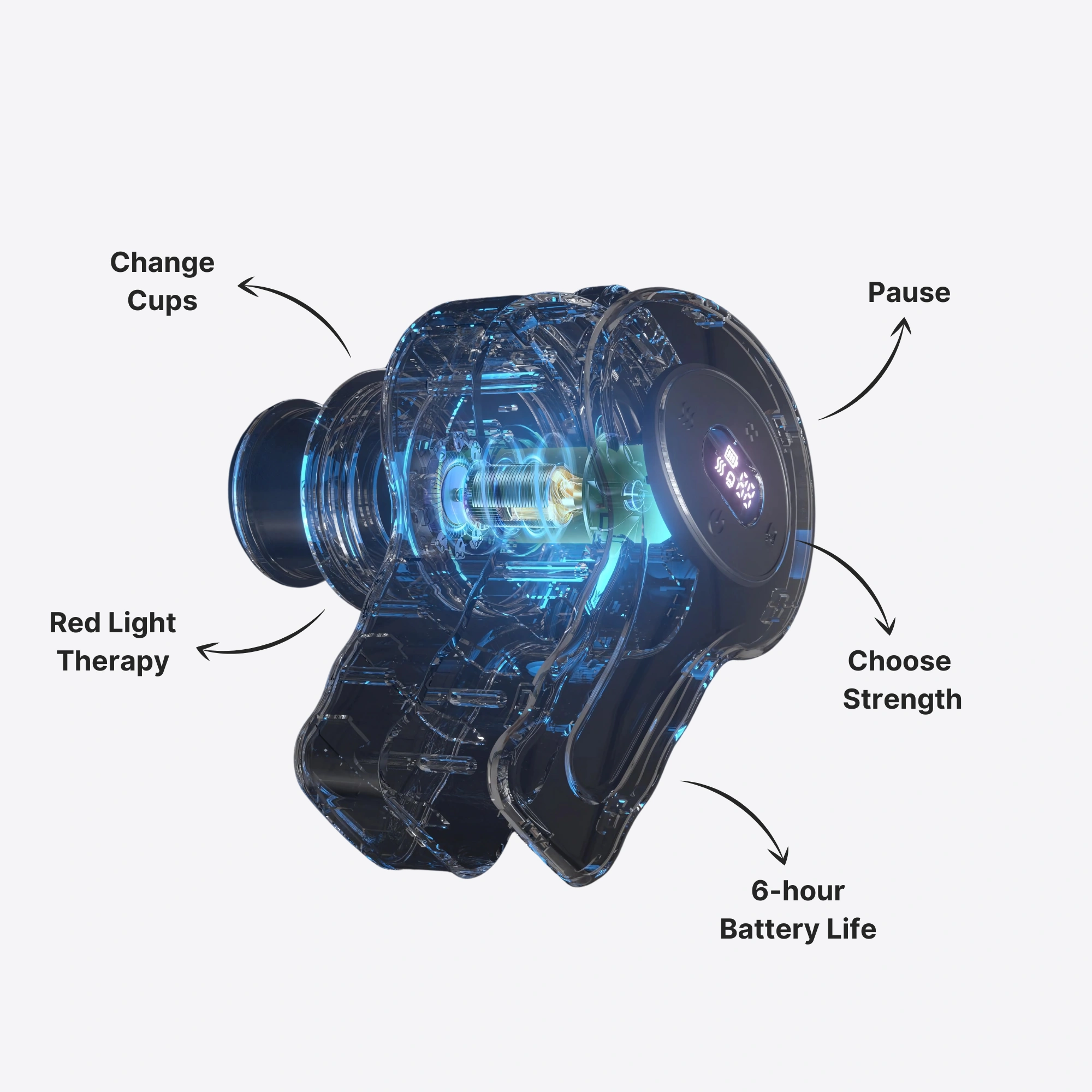 Transparent device with labeled features: change cups, red light therapy, pause, choose strength, 6-hour battery life.