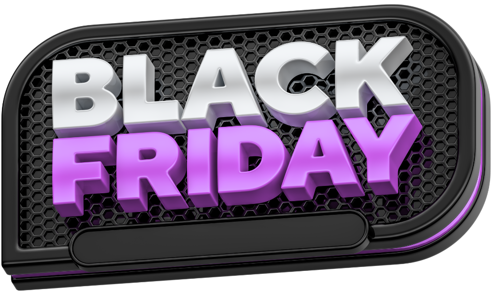 3D text 'Black Friday' on a black geometric background.