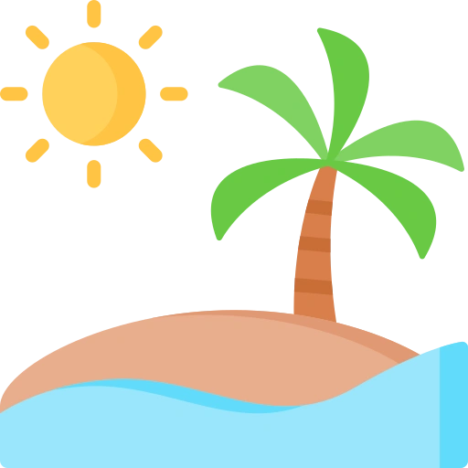 An icon of a sunny tropical island with a single palm tree.