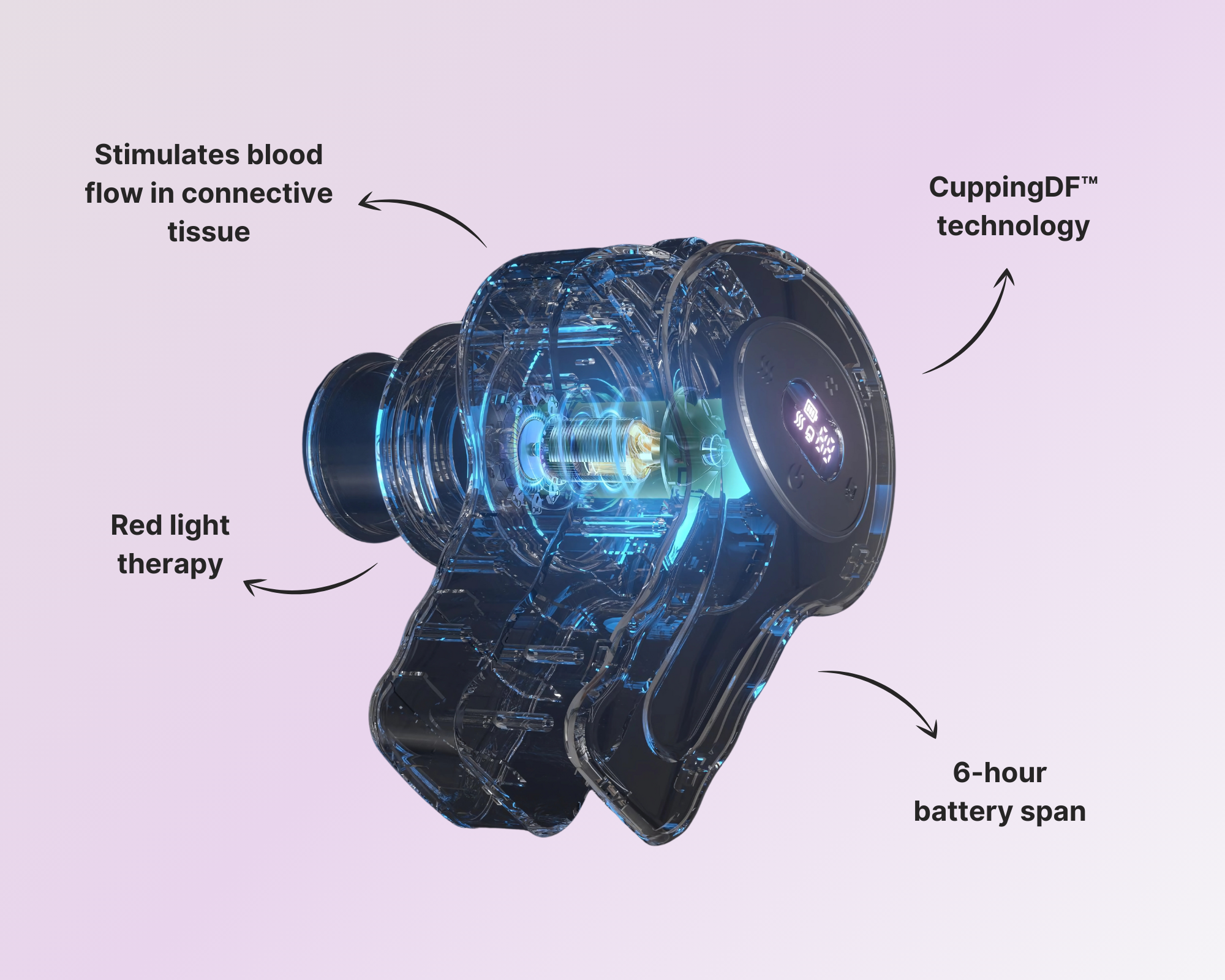 A transparent, high-tech cupping therapy device with text callouts pointing to its features like red light therapy.