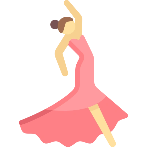 A flat, stylized icon of a person in a pink dress dancing with one arm raised.